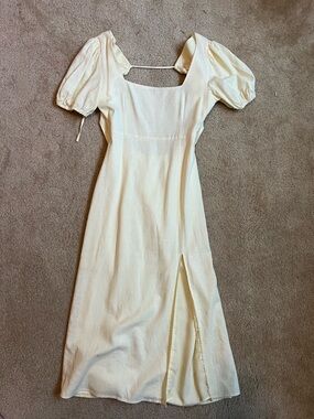 Butter Yellow Puff-Sleeve Midi Dress with Square Neck
